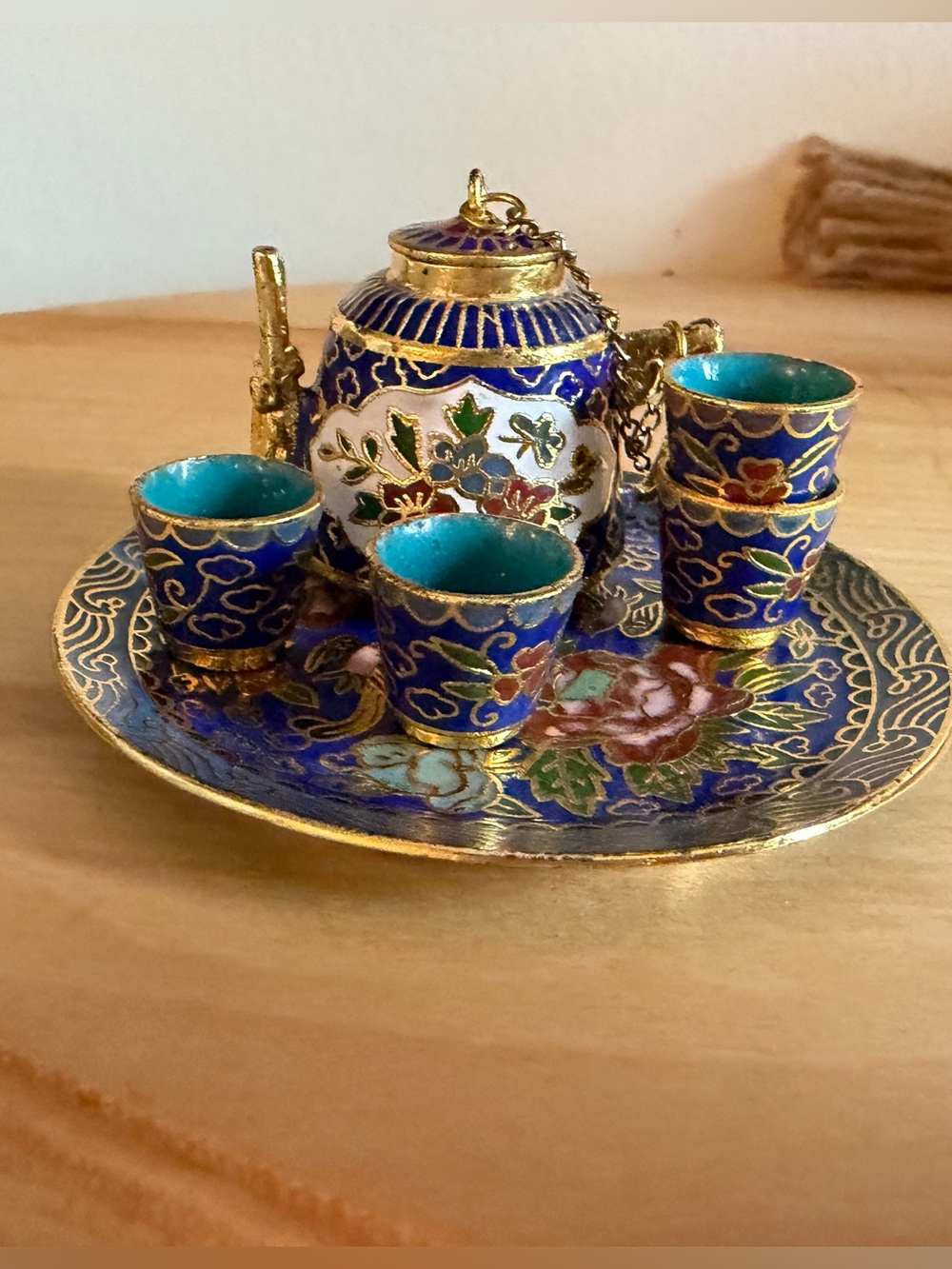 Vintage Blue Chinese Cloisonné enamel Mini Tea Set Decorative Serving Set